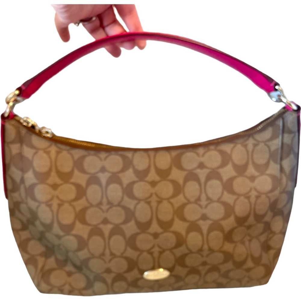 Coach Beige Fuchsia Signature Bag Canvas Leather